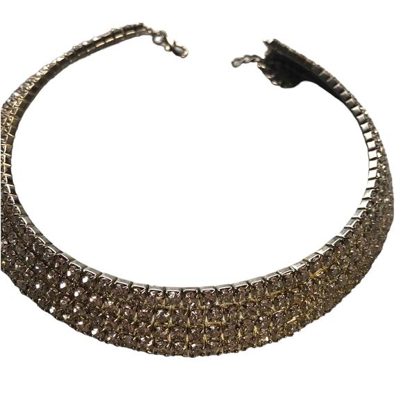 Vintage Rhinestone Crystal Silver Collar Bib Necklace, Hoop Earrings & bracelet - Picture 7 of 13
